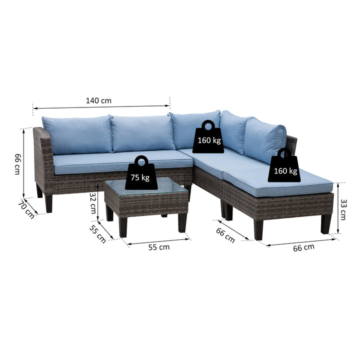4-Seater Rattan Garden Furniture Corner Sofa Set w/ 2 Seats Footstool Square Glass Top Coffee Table Thick Blue Cushions Solid Legs - Grey