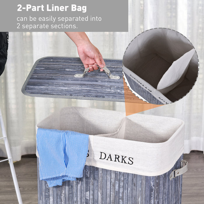 100L Collapsible Natural Wood Laundry Hamper Organizer Clothes Washing Basket Bin Storage Box w/Lid Removable Lining 52x32x63cm, Grey