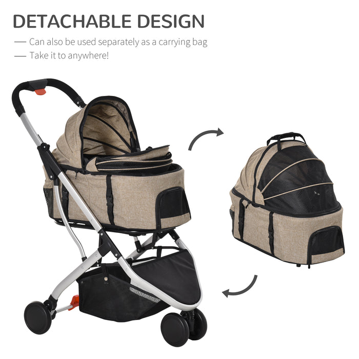 PawHut Detachable Pet Stroller Pushchair Foldable Dog Cat Travel Carriage 2-In-1 Design Carrying Bag Light Brown