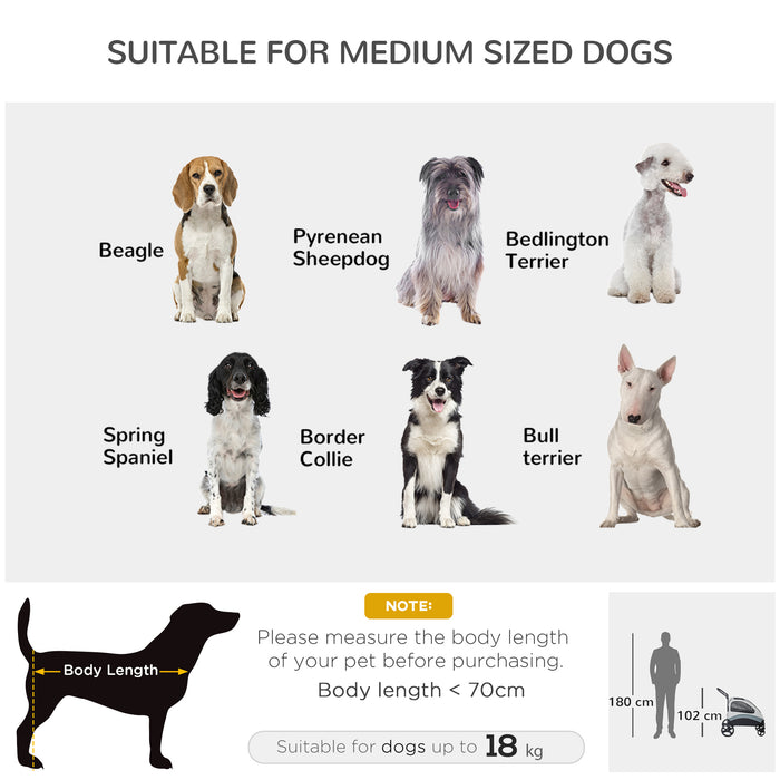 PawHut Pet Stroller for Medium Dogs Cat Pushchair Buggy Pram with 4 Wheels Safety Leash Zipper Doors Mesh Windows Storage Bag, Grey