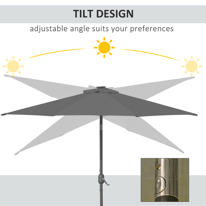 2.7m Patio LED Umbrella with Push Button Tilt/Crank 8 Ribs Sun Shade for Outdoor Table Market Umbrella Grey