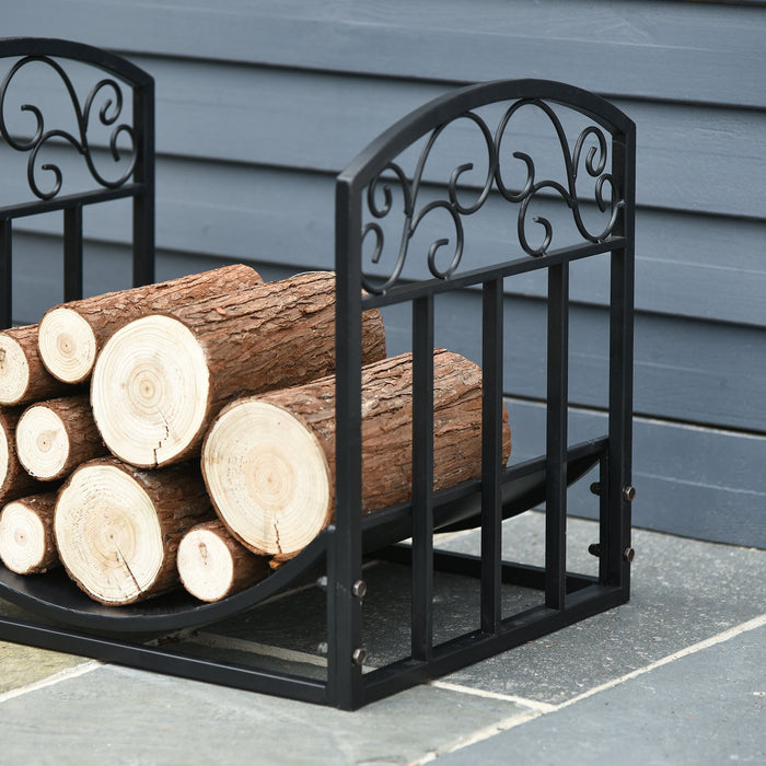 Wrought Iron Inner Arced Wood Log Holder Indoor Outdoor Storage Shelf w/ Elegant Scrolls Rust-Resistant Stacker Black