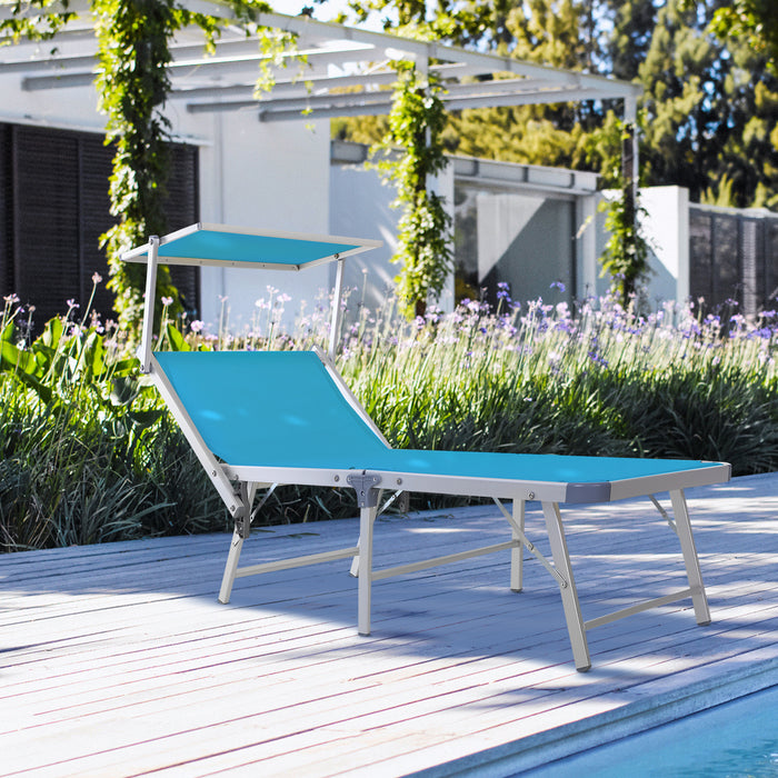 Garden Sun Lounger Texteline Chaise Lounge Reclining Chair with Canopy Adjustable Backrest Bed Aluminium Frame - Blue